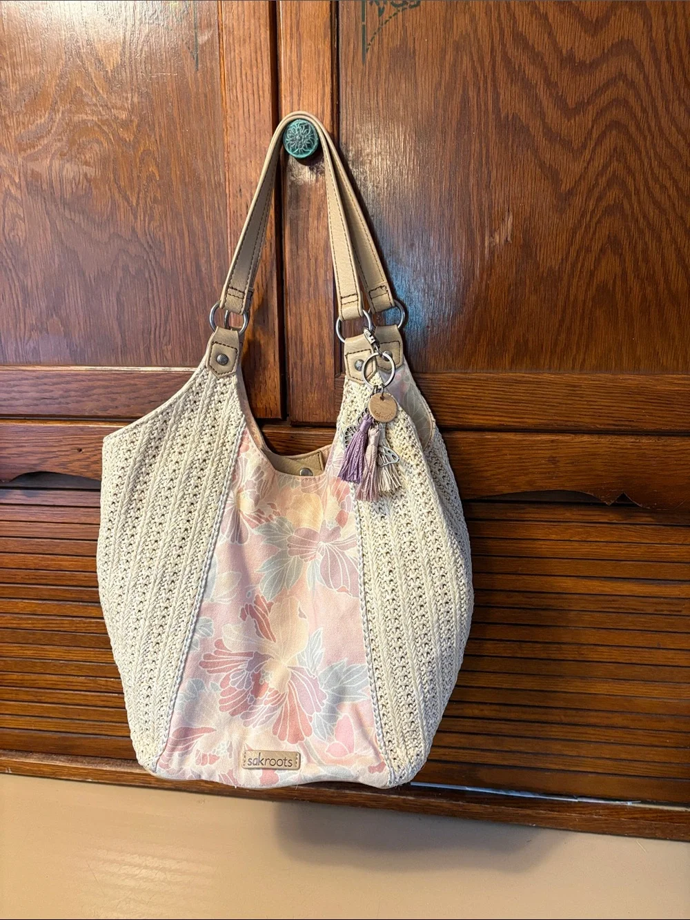 Sakroots Beige Crochet Shoulder Bag with Pastel Floral Panel